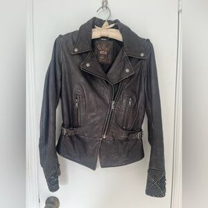 Diesel Distressed Brown Leather Jacket w/ Embellished Bell Sleeves Size S